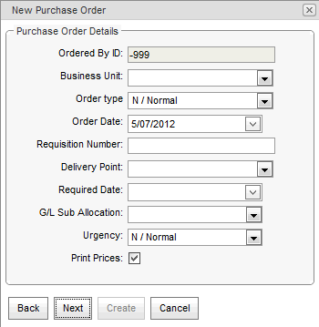 New Purchase Order window - Purcahse Order Details (synweb)