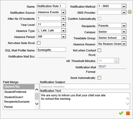 Notifications Maintenance - Rules Maintenance tab (fields, synweb, cut down)