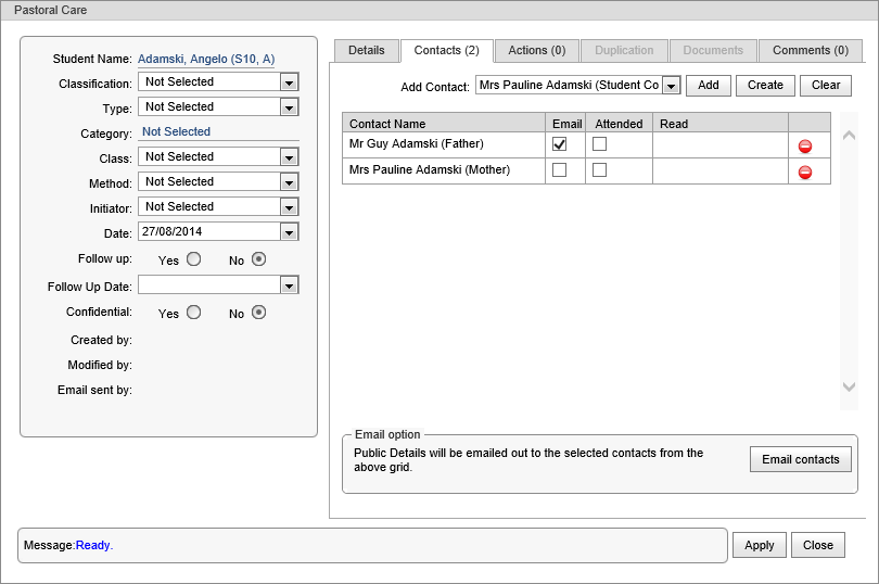 Pastoral care (creation) Contacts tab (synweb)