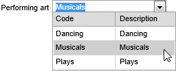 Performing Arts Maintenance learning area field (selection, synweb)