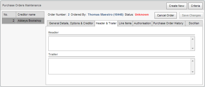 Purchase Orders Maintenance - Header and Trailer tab