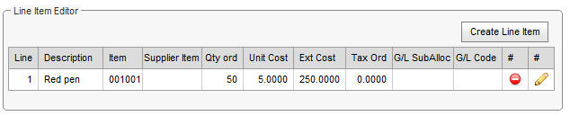 Purchase Order tab - Line Item Editor area (synweb, one item)