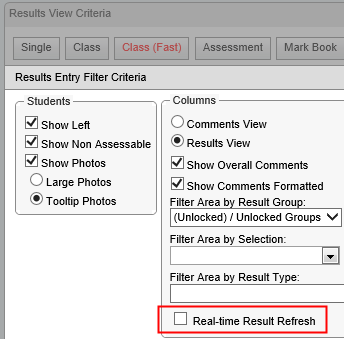 Results Entry Filter Criteria (Class (Fast), synweb, Real-time Result Refresh, wn66)