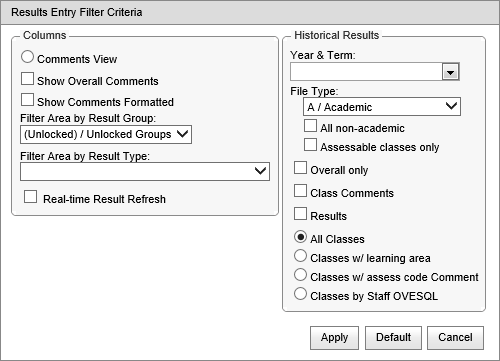 Results Entry Filter Criteria (synweb, history window)