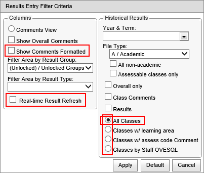 Results Entry Filter Criteria (synweb, history window, wn66)