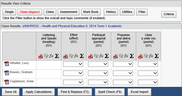 Results Maintenance - Class window