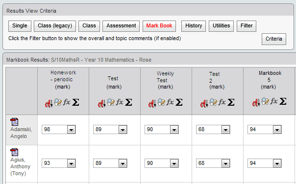 Results Maintenance - Mark Book window