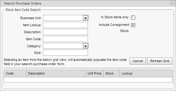 Search purchase orders (Stock item code search)
