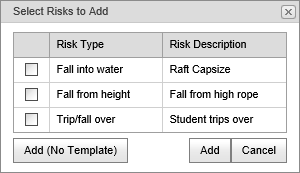Select Risks to Add window (synweb, populated)
