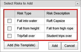 Select Risks to Add window (synweb, populated, risks highlighted)