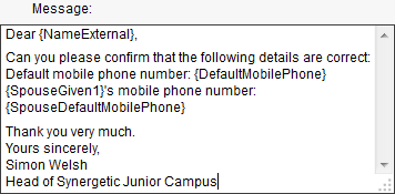 Send Emails window (Message field)