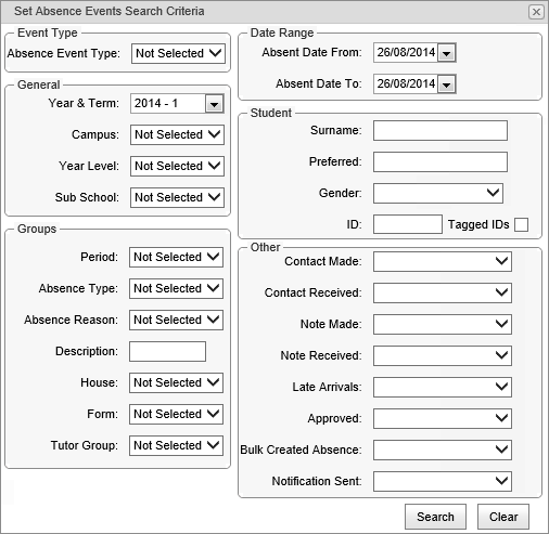 Set Absence Events Search Criteria window (synweb, cut down)