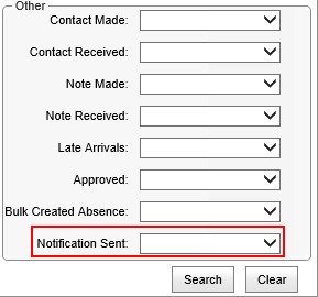 Set Absence Events Search Criteria window (synweb, Notification Sent, wn66)