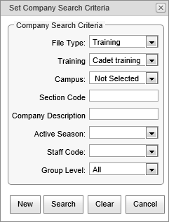 Set Company Search Criteria window (synweb)