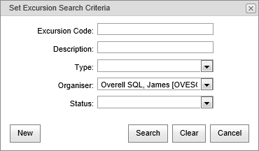 Set Excursion Search Criteria window (synweb)