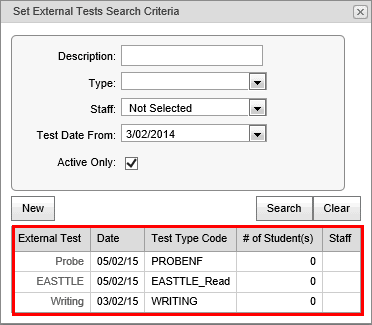 Set External Tests Search Criteria window what's new, synweb)