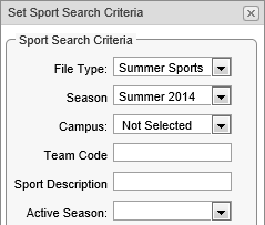 Set Sport Search Criteria window (Sports Maintenance, searching, synweb)
