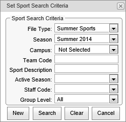 Set Sport Search Criteria window (synweb)