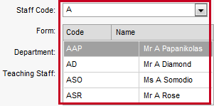 Staff code drop-down list autocomplete