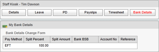 Staff Kiosk - Bank Details window (Bank Details Change Form, SynWeb)
