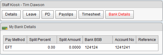 Staff Kiosk - Bank Details window (synweb)