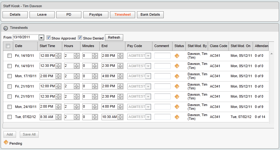 Staff Kiosk - Timesheets window (Attendance column, Synweb)