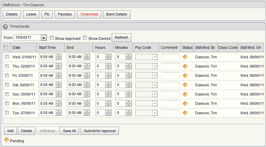 Staff Kiosk - Timesheets window (synweb)