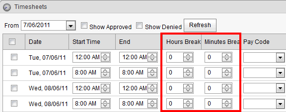Staff Kiosk - Timesheet window(cut down, breaks highlighted)