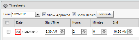 Staff Kiosk - Timesheet window (cutdown, weekend highlighted)