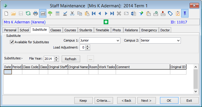Staff Maintenance - Substitute tab