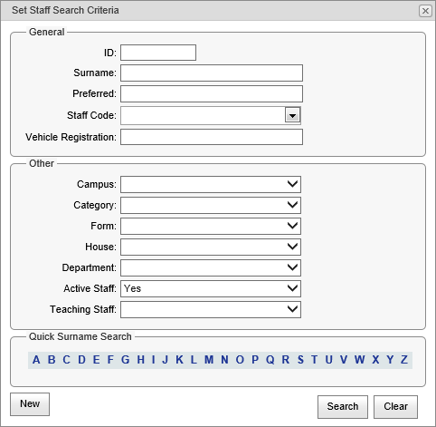 Staff Search Criteria window