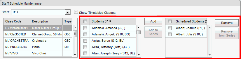 Staff Schedule Maintenance (synweb, cut down, Students and Scheduled Students highlighted)