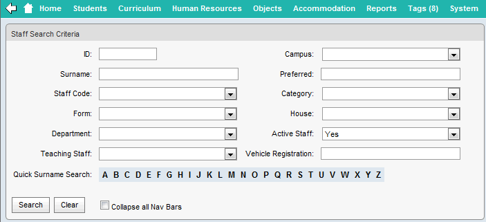 Staff Search Criteria window (cut down)