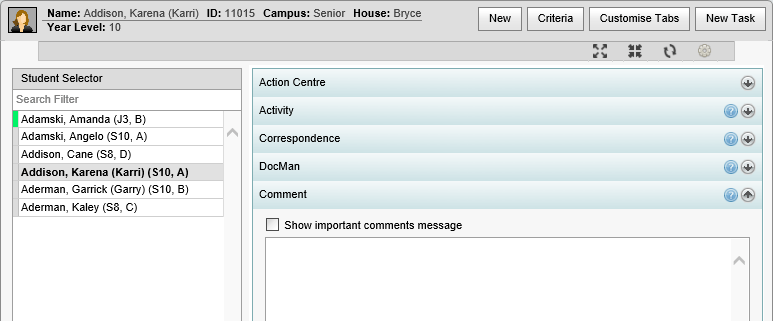 Student Maintenance - Addison, Karena expanded comments bar (synweb)