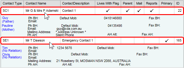 Student Maintenance - Contacts bar (grid area, cut down)