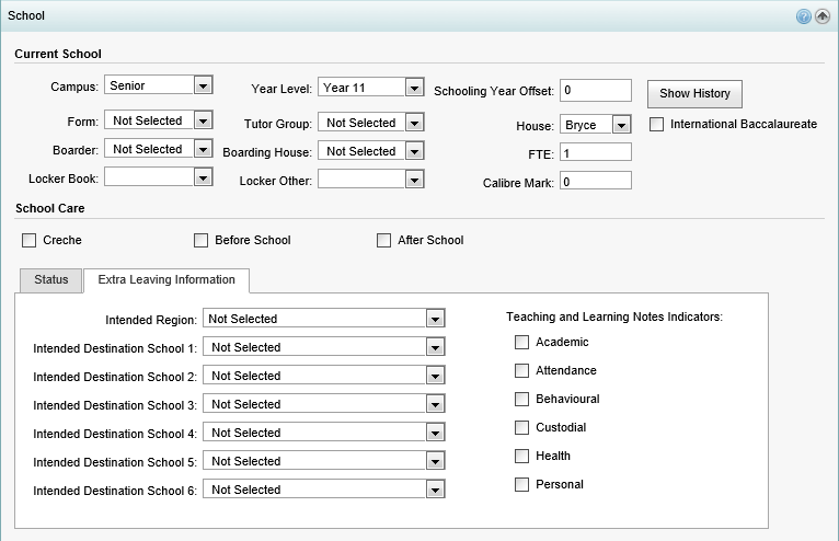 Student Maintenance - School bar - Extra Leaving Information sub-tab (synweb)