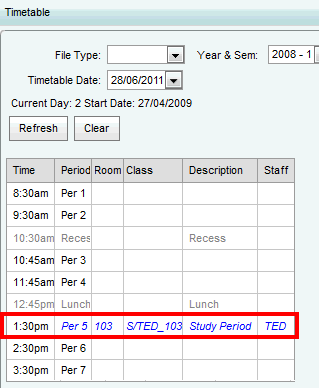 Student Maintenance - Timetable bar (cut down, timetable grid, study period sign in highlighted)
