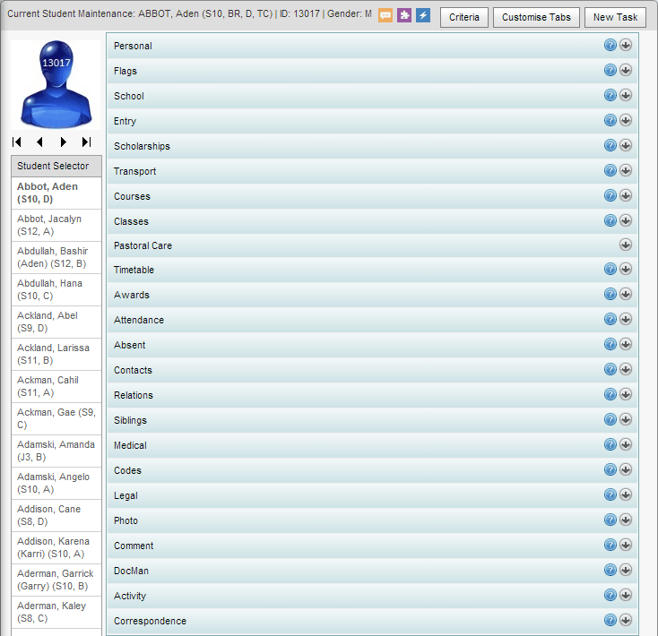 Student Maintenance window (all navigation bars collapsed)