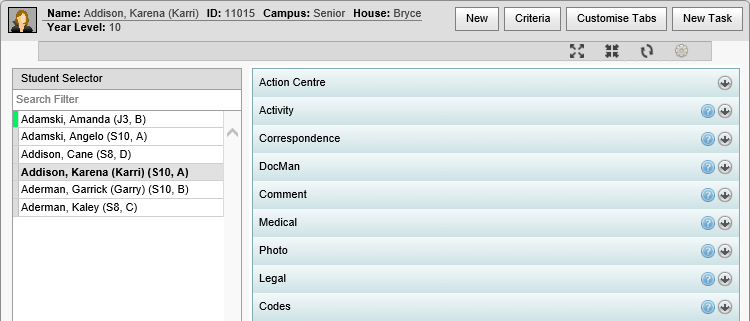Student Maintenance window (collapsed navigation bars)