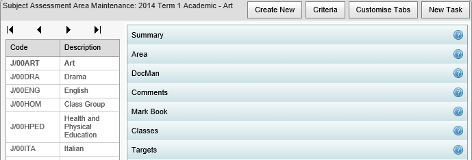 Subject Assessment Area Maintenance search results (synweb)