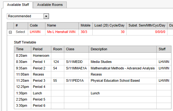 Substitute Class Resources window - Available Staff tab (synweb, timetable row expanded)