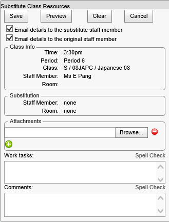 Substitute Class Resources window - substitution area (blank, synweb)