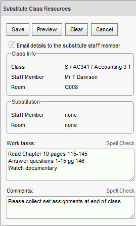 Substitute Class Resources window - substitution area (populated, synweb)
