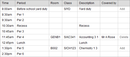 Substitutions - Daily Organiser (timetable area)