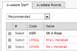 Substitutions - Daily Organiser - Available Staff tab (cut down)