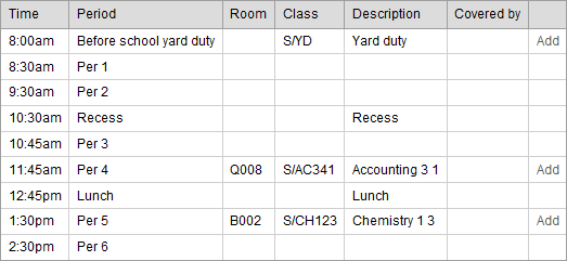 Substitutions - daily organiser window search results