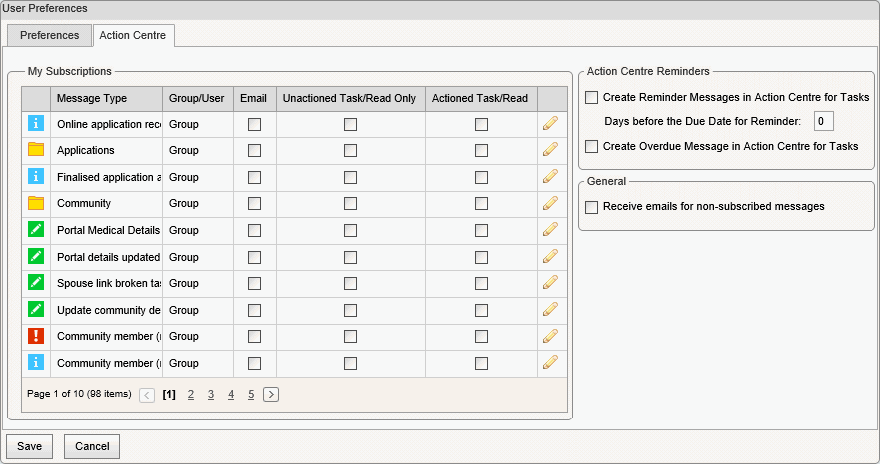 User Preferences - Action Centre tab