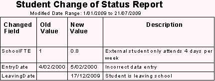 Student Change of Status Report (For Roll Returns, changes)