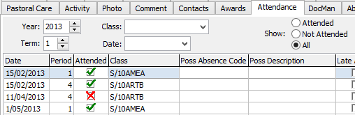 Current Student Maintenance - Attendance tab (cut down)