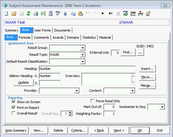 Subject Assessment Maintenance - Area tab - Area sub-tab